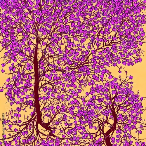 Illustration of trees with pink leaves on a yellow  background