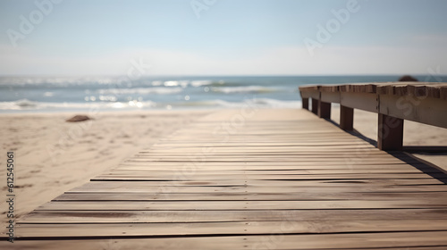 Empty wooden pier with view on sandy beach. Free space for text or product placement