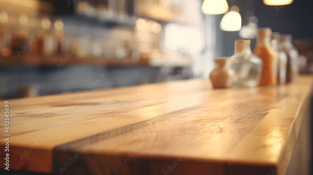 Wooden Table top counter with Blurred bar restaurant background , product display