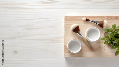 cosmetic makeup set in wooden table with empty space to paste top view. Generative Ai. 