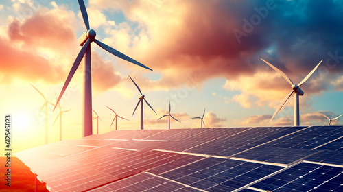wind turbine and solar panel. renewable energy. Generative Ai. 