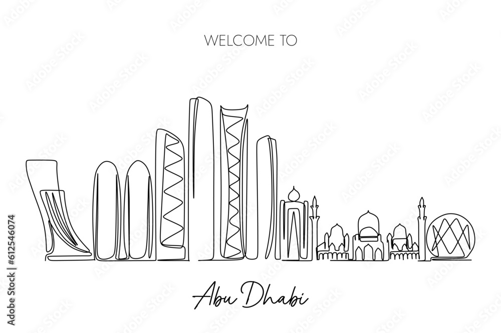 Vector illustration of a hand-drawn design of Abu Dhabi city and text on a white background