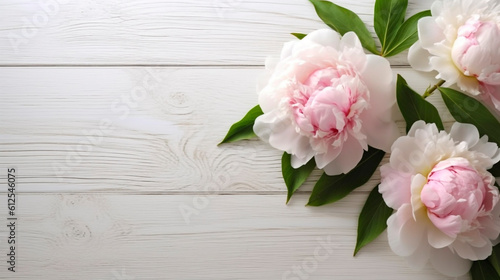 pink peonies on wooden background. Generative Ai.  © PETR BABKIN