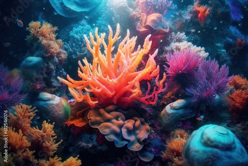 An underwater scene of corals and sea anemonies. Generative AI image. photo