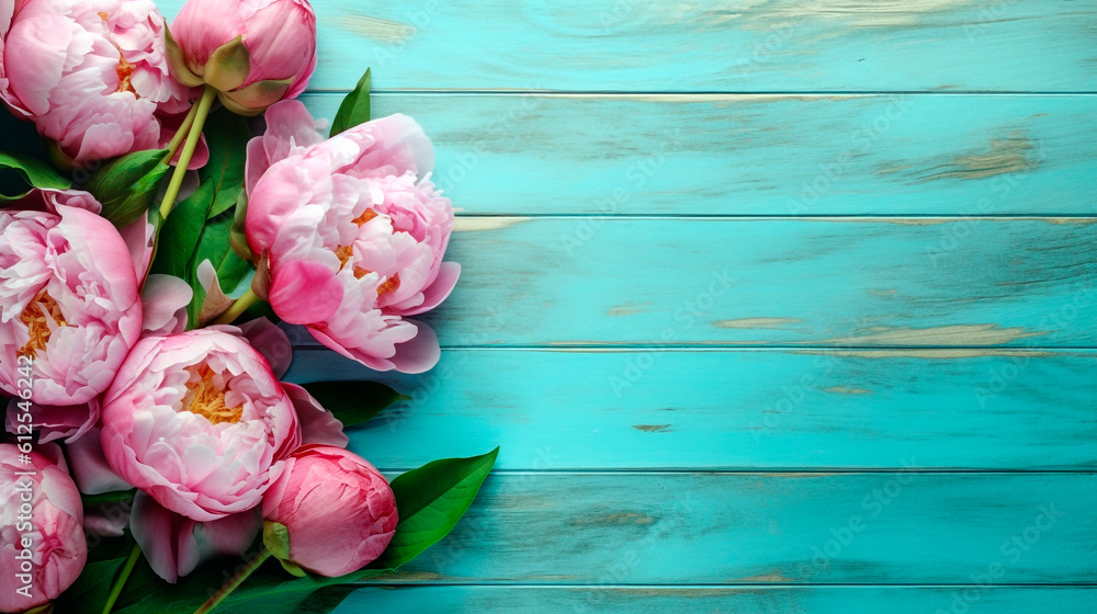 pink peonies on a wooden table painted in turquoise color top view. Generative Ai. 