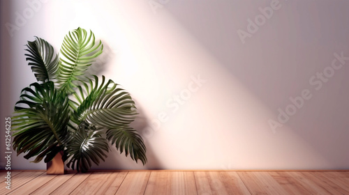 tropical plant in the room against the background of a white wall with falling sun rays. Generative Ai. 