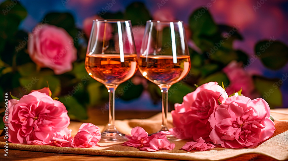Two glasses of champagne and roses on the table. romantic still life. Generative Ai. Two glasses of champagne and roses on the table. romantic still life. Generative Ai.