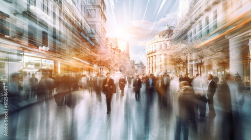 People walk around the city, blur effect. Generative Ai. 