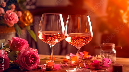 two glasses of champagne and roses. Generative Ai. 