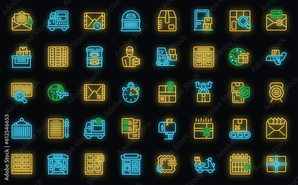 Postal service icons set outline vector. Office mail. Parcel delivery neon color on black Postal service icons set outline vector. Office mail. Parcel delivery neon color on black