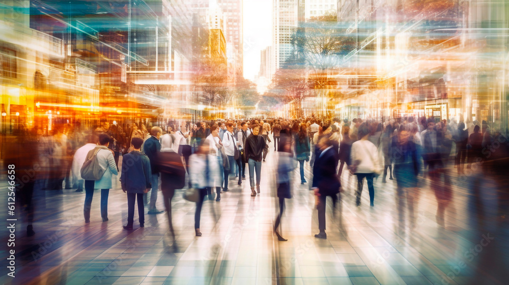crowd of people rushing to work during rush hour in the city. Generative Ai. crowd of people rushing to work during rush hour in the city. Generative Ai.