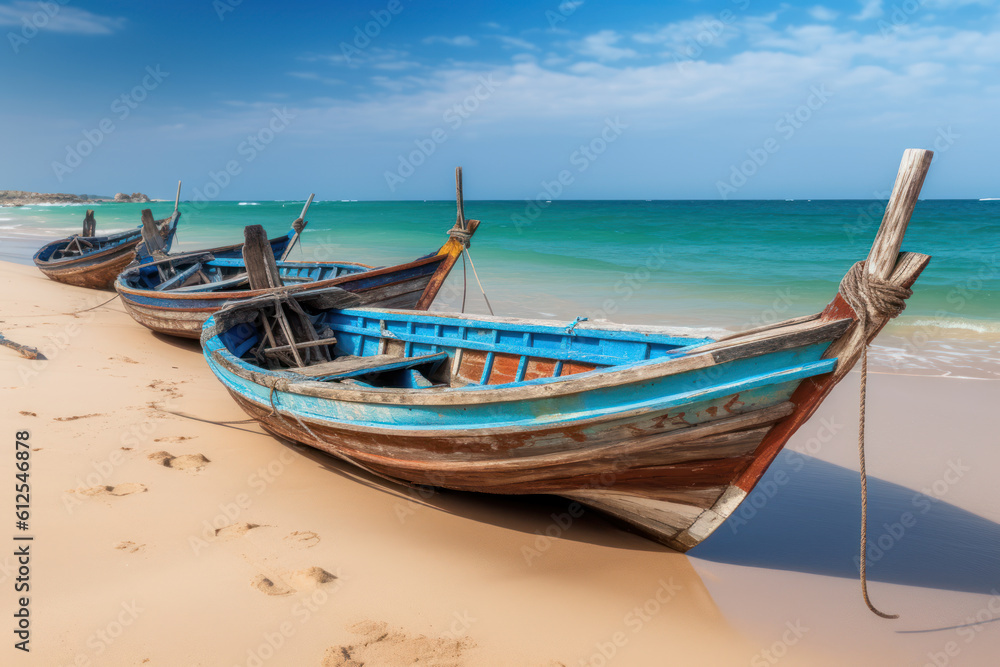 small colorful fishing boats on tropical beach. travel and vacation. generative ai