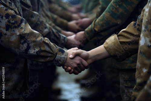 soldiers shaking hands. war peace and end. ceasefire and reconciliation. generative ai