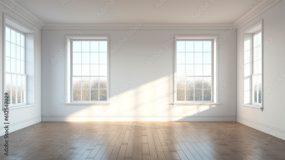 Fototapeta premium empty bright room with windows illuminated by the morning rays of the sun. Generative Ai. 