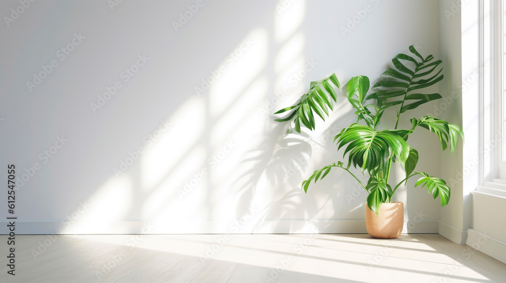 a palm tree stands in a white room by the window. Generative Ai. 