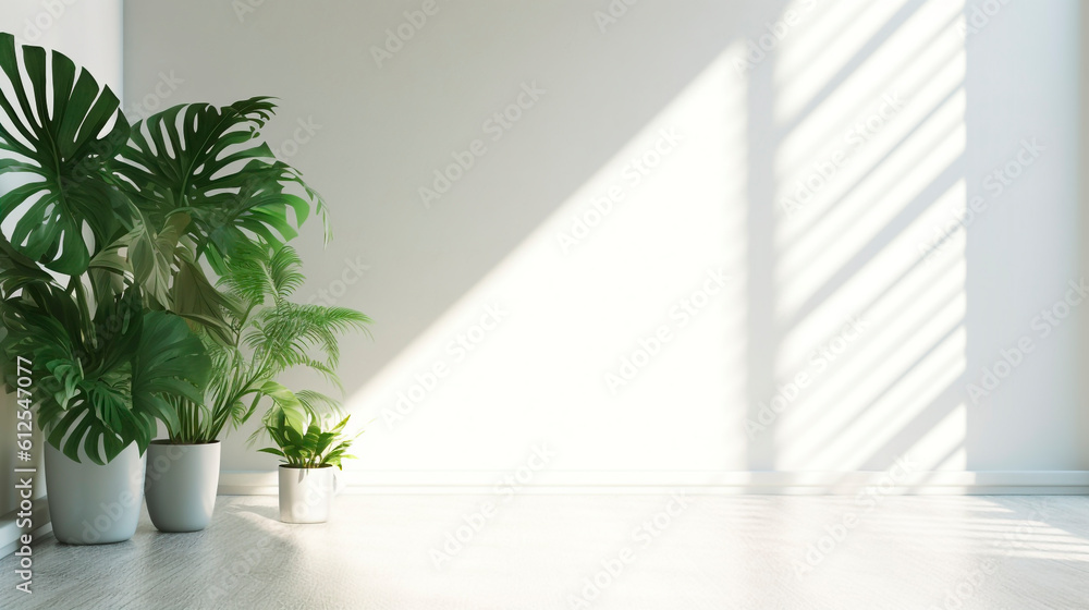 Bright white room with tropical plant. Generative Ai. 