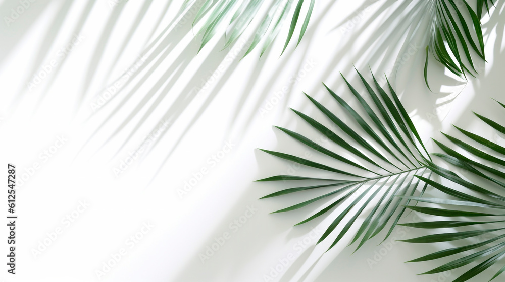 palm branches on a white wall lit by the sun. Generative Ai. palm branches on a white wall lit by the sun. Generative Ai.