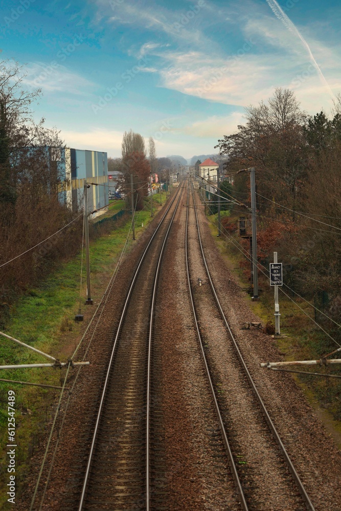 Fototapeta premium Vertical shot of train rails in the middle of trees and buildings