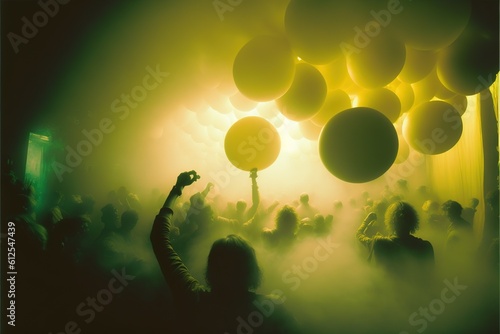 Nightclub with misty smoke environment, dreamy silhouette crowd dancing along with the music, rave party with techno theme with DJ live performance in music festival. Superb Generative AI. photo