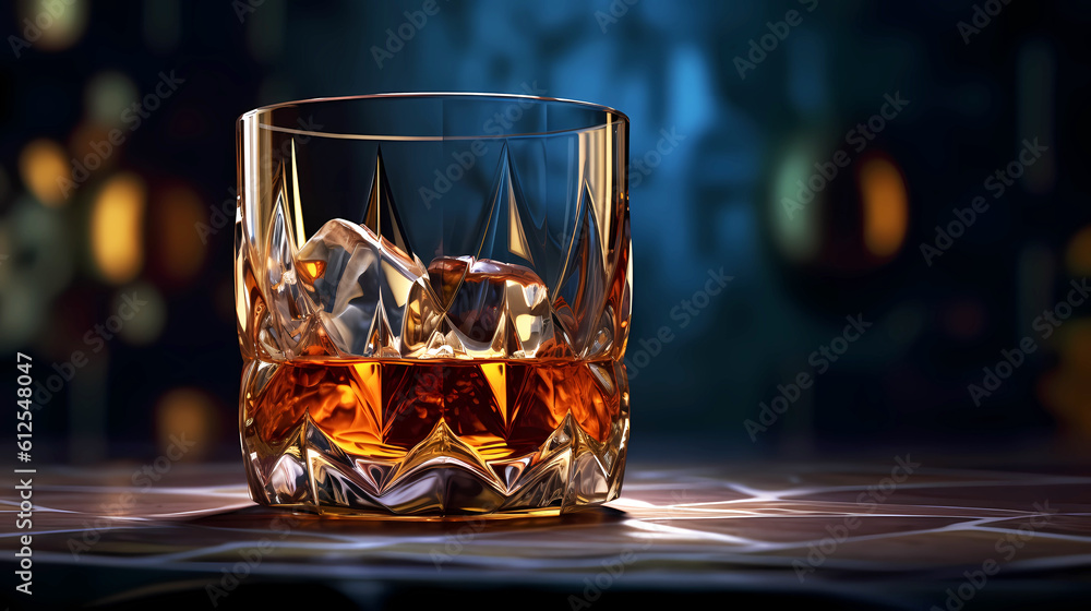 Glass with whiskey and ice cubes on the table, warm cozy atmosphere.