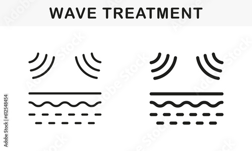 Ultrasonic Wave Influence on Skin Line and Silhouette Icon Set. Laser Removal of Skin Problem Pictogram. Beauty Treatment, Skin Barrier of Bad Impact Symbol Collection. Isolated Vector Illustration