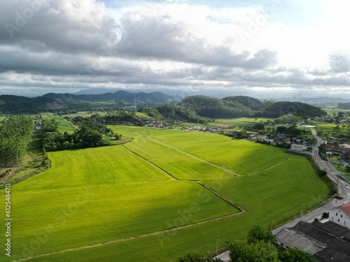 Aerial view of the green field under a cloudy sky