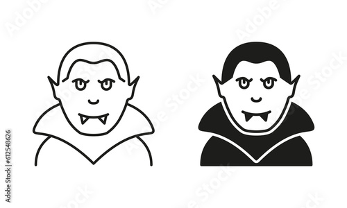Scary Dracula Line and Silhouette Black Icon Set. Vampire Halloween Character Pictogram. Spooky Dracula, Vamp Portrait. Halloween Costume Symbol Collection. Isolated Vector Illustration