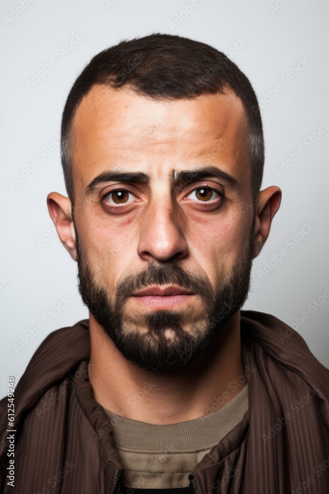 Obraz premium portrait mugshot of a Serious Middle eastern man looking at the camera. Generative AI