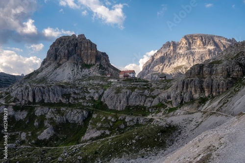 Landscape of Tre Cime di Lavaredo Hikes mountains in Dolomites, Italy with blue sky