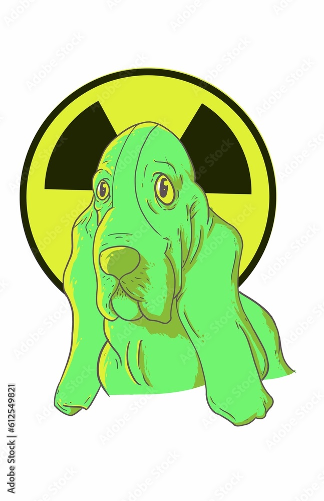 Obraz premium Vertical illustration of a green Basset Hound dog with radioactive hazard symbol in the background