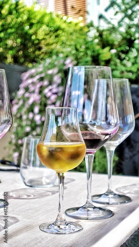 Vertical shot of different type of wine glasses on the table