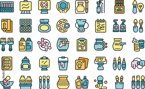 Art workshop icons set outline vector. School tools. Classroom baby thin line color flat on white