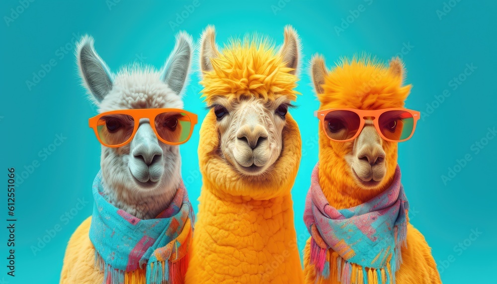 three alpacas with colorful hair in sunglasses