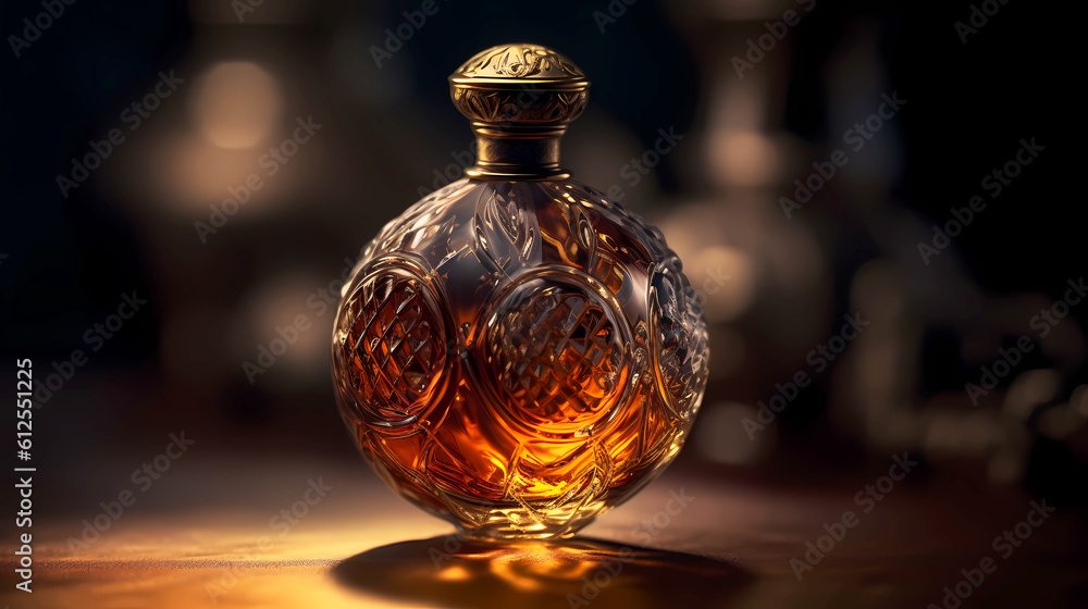Perfume bottle on a dark background, straight view. Perfume bottle on a dark background, straight view.