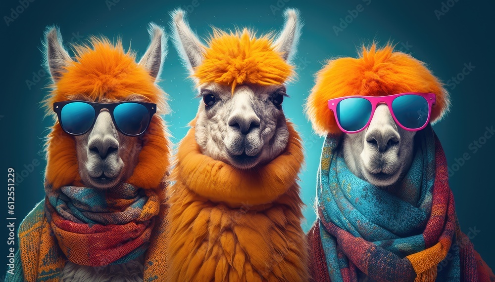 Three quirky colored llamas wearing blue glasses
