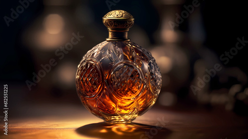 Perfume bottle on a dark background, straight view.
