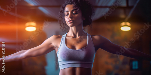 Woman in eyes closed in meditative pose, wearing tank top sports bra, indoor, wide. Generative AI