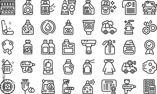 Cosmetics for the car icons set outline vector. Cleaning bottle. Car oil