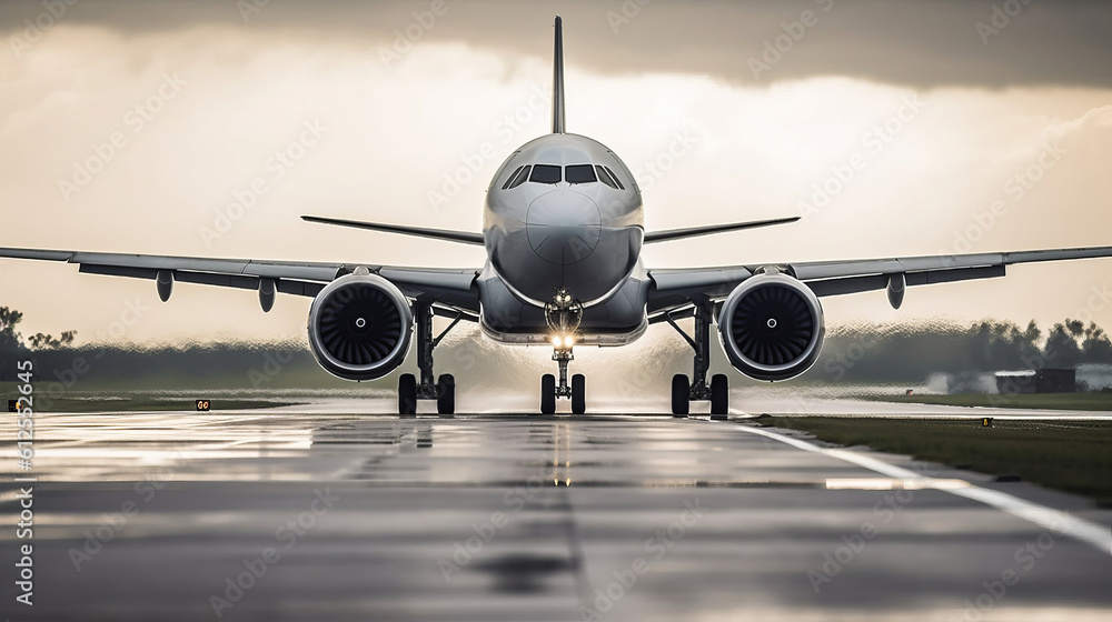 Airplane on airport runway. Created with Generative AI technology. Airplane on airport runway. Created with Generative AI technology.