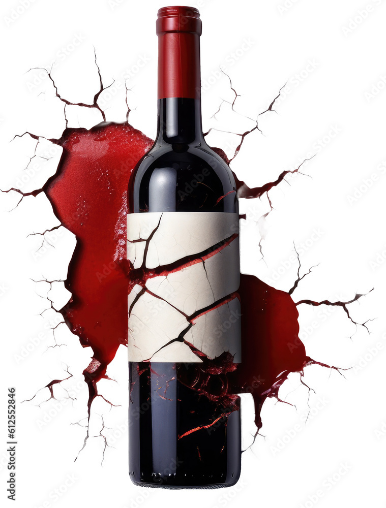 Artistic broken red wine bottle isolated on a transparent background