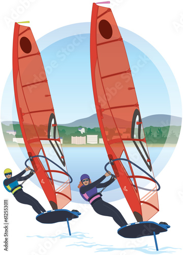 sailing female and male riders windsurfing in a regatta on IQFoil board and red sail lifting out of water with background in circle
