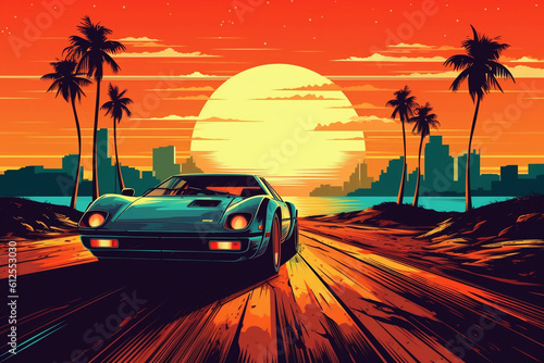 Retro wave 80s image of sports car in sunset