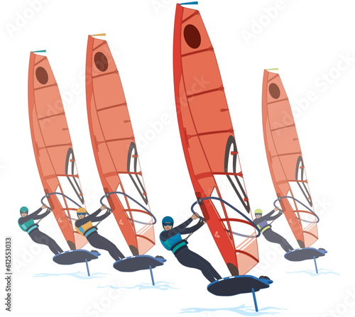 sailing male riders windsurfing in a regatta on IQFoil board and red sail lifting out of water isolated on a white background