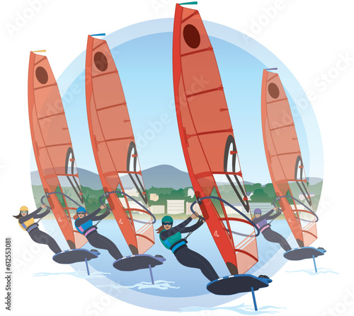 sailing female riders windsurfing in a regatta on IQFoil board and red sail lifting out of water with background in circle