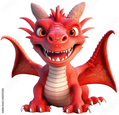 Red cartoon dragon in 3D style isolated on transparent background, generative AI © Flowal93