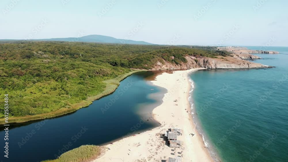 Aerial view of River Veleka meeting Black Sea. Bulgaria. Aerial view of River Veleka meeting Black Sea. Bulgaria.