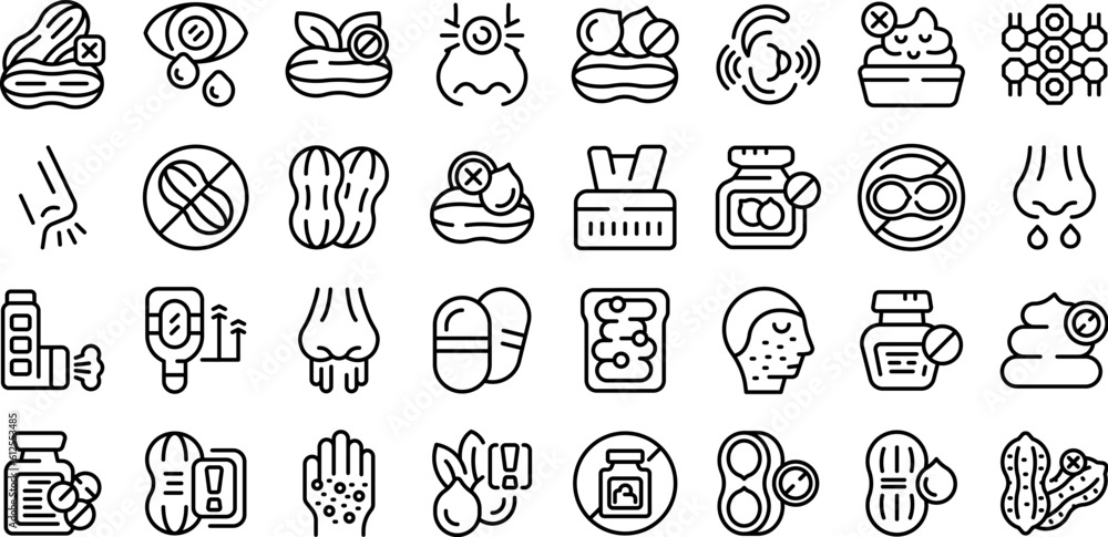 Allergy to peanuts icons set outline vector. Medical food. Nuts test