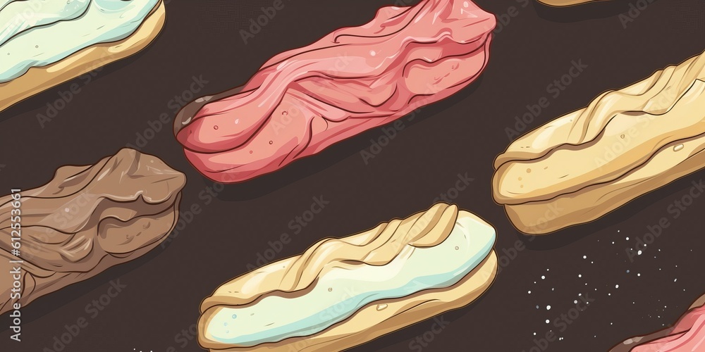 Freshly Baked Eclair Pastry Cartoon Horizontal Background Illustration. Crusty Pastry, Gourmet Bakery. Ai Generated Drawning Background Illustration with Aromatic Traditional Eclair Generative AI Freshly Baked Eclair Pastry Cartoon Horizontal Background Illustration. Crusty Pastry, Gourmet Bakery. Ai Generated Drawning Background Illustration with Aromatic Traditional Eclair Generative AI