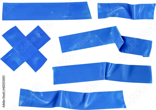 Blue insulating tape design elements. Blue tape texture isolated on transparent background. Adhesive tape parts. png template