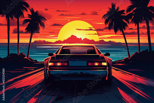Rear view of retro wave 80s image of sports car in front of a  sunset